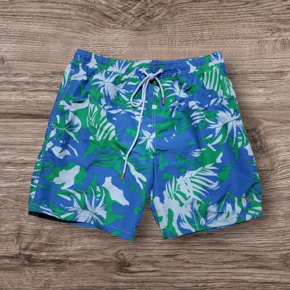Calvin Klein Blue and Green Leaf Print Swim Shorts